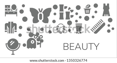 beauty icon set. 11 filled beauty icons.  Collection Of - Dressing table, Butterfly, Jacket, Flower, Mirror, Gel, Bamboo, Pigeon, Removed, Comb, Dress
