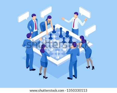 Business strategy concept. Isometric businessmen and women playing chess game reaching to plan strategy for success. Achieving goals business strategy for win, management or leadership. Royalty-Free Stock Photo #1350330113