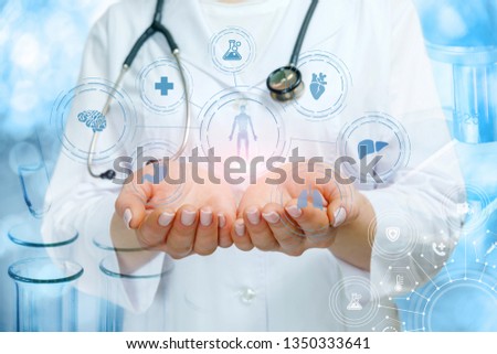 The doctor shows the structure of medical research on light blue background.