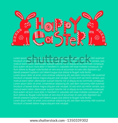 Easter article vector color template with text. Spring holiday web page banner. Happy Easter Scandinavian style lettering with rabbits. Ornate folk typography with decor, ornament. Greeting phrase