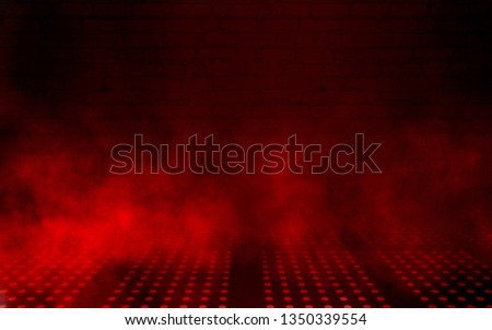 Empty scene background. Dark background of empty room, neon red light, concrete floor, smoke Royalty-Free Stock Photo #1350339554