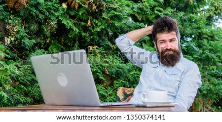 Online mass media worker. Write article for online magazine. Man looking for inspiration. Find topic write. Bearded hipster laptop surfing internet. Reporter journalist daily routine. Working online.