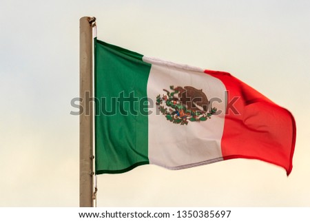 Flag of Mexico - national symbol in wind. flag in front of dark clouds with blurred wind effect. Flag of Mexico waving in the wind against white cloudy blue sky. mexican flag on flagpole.