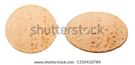 Pre-made pizza base isolated on white background, top and side view Royalty-Free Stock Photo #1350418784