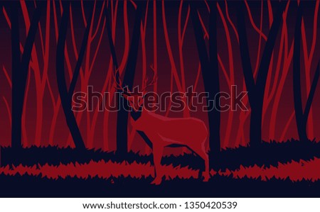 forest landscape with a deer in the woods, vector illustration in red and dark blue colors