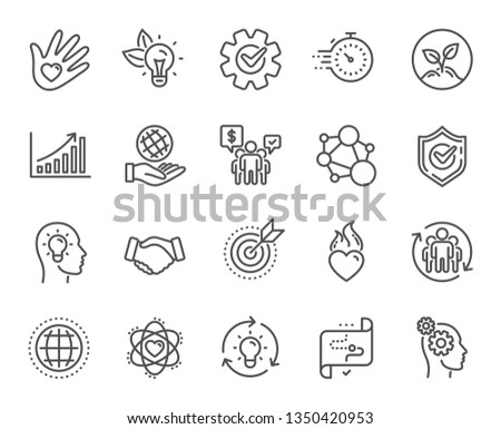 Core values line icons. Integrity, Target purpose and Strategy. Trust handshake, social responsibility, commitment goal icons. Growth chart, innovation, core values network. Vector Royalty-Free Stock Photo #1350420953