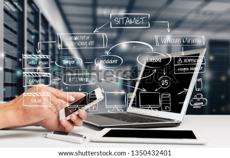 Male hands with phone on laptop  on office table