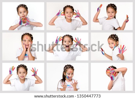 set of portrait of cute little child girl with hands painted in colorful paint on white background.