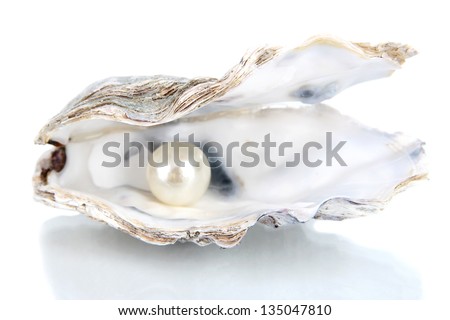 Open oyster with pearl isolated on white Royalty-Free Stock Photo #135047810