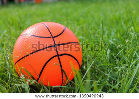 Orange kids ball on the grass. Closeup.