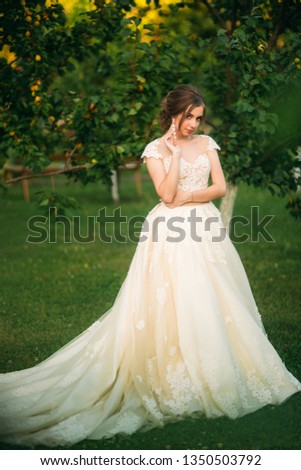 Charming bride with beautiful makeup and hairstyle posing for photographer