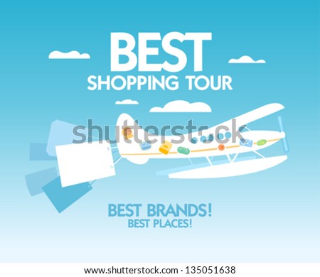 Best shopping tour design template with airplane and paper bags.