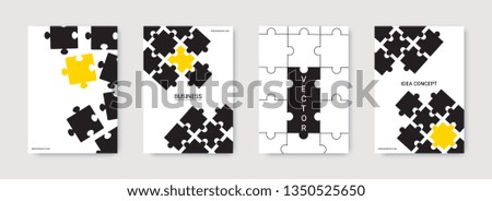 Puzzle covers. Futuristic flyer. Annual report cover. Team connection idea. Office template. Layout in A4 size. Jigsaw puzzle flyer. Industrial engineering background design.