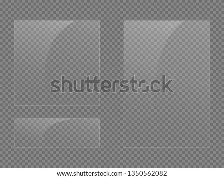 Set of transparent shiny glass plates. Clear glass showcase on a transparent background. Realistic window, phone protective film, lens circle, makeup mirror, picture frame. Mirror reflection. Windows. Royalty-Free Stock Photo #1350562082
