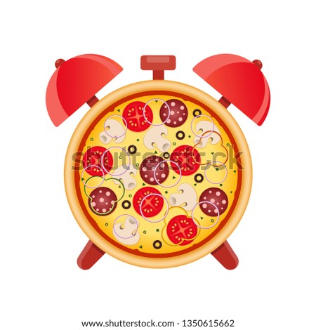 Pizza with mushrooms, salami, tomato and sausage. Pizza time. Snack time. Isolated vector illustration on white background.