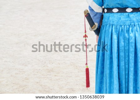 Detail of Korean traditional military clothing. Back view of royal guard wearing blue Jeonbok at courtyard of Gyeongbokgung Palace in Seoul, South Korea. Royalty-Free Stock Photo #1350638039