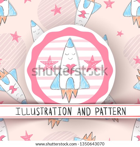 Cute rocket illustration - seamless pattern. Hand draw