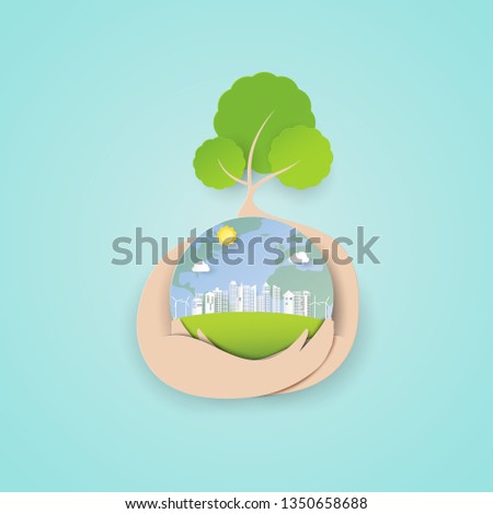 Paper art of save the world concept with tree and eco green city background.Ecology and environment conservation design.Vector illustration.