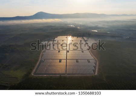Aerial view of Solar Farm when sunrise and sunshine. Alternative energy.
