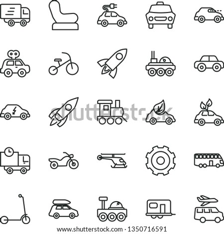 thin line vector icon set - truck lorry vector, Baby chair, motor vehicle, present, toy train, tricycle, child Kick scooter, car, delivery, eco, environmentally friendly transport, electric, retro