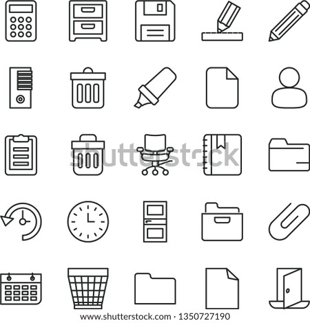 thin line vector icon set - wicker pot vector, graphite pencil, clean sheet of paper, folder, interroom door, drawing, dust bin, notebook, nightstand, clip, man, text highlighter, wall calendar