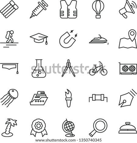 thin line vector icon set - gpu card vector, flask, zoom, globe, magnet, graduate hat, drawing compass, medal, syringe, ink pen, resistor, flame torch, air balloon, bike, backpacker, palm tree, map