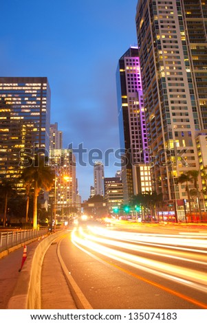 City of Miami Florida, traffic moving through downtown Brickell financial district