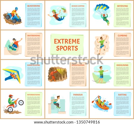 Extreme sports poster with text, wall climbing and rafting in boat, skateboarding and highlining balancing on line, bungee jumping and hang gliding