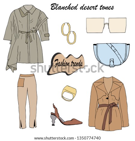 Fashion trend: blanched desert tones in clothes. Catwalk fashion: glamorous trenches, pants, shoes, bag, earrings, ring, sunglasses for spring and summer. Isolated objects on white background.