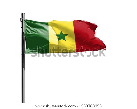 National flag of Senegal on a flagpole isolated on white background