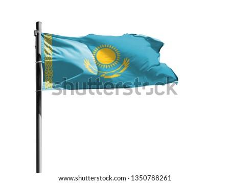 National flag of Kazakhstan on a flagpole isolated on white background
