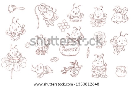 Big set of cute contour bee, flowers and hunny isolate on a white background. Vector object in cartoon sketch style.