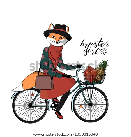 Beautiful young hipster girl with a fox head and tail in stylish vintage outfit riding vintage hipster bicycle with basket. isolated on white background. stock vector illustration.
