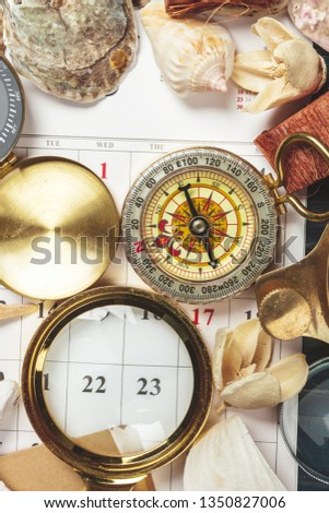 seashells and compass. beautiful sea composition with shells and vintage compass