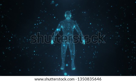 Abstract human body with glowing particles with healthy and technology concept in dark and blue light. Human body health, modern medical science in future and global international medical. Royalty-Free Stock Photo #1350835646