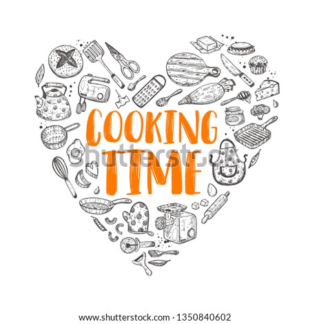 Cooking time. Heart. Hand-lettering phrase. Vector illustration for badge, logo, bakery, street festival, farmers market, country fair, shop, kitchen classes, food studio