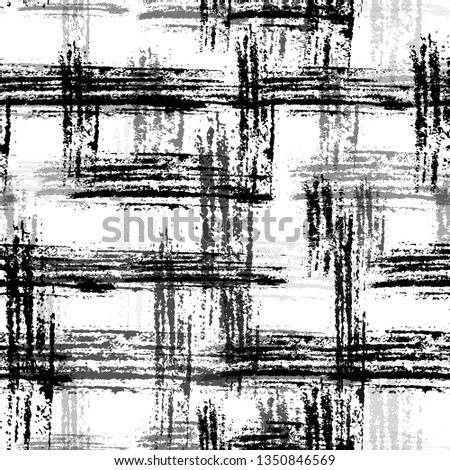 Scratched Black and White Grunge Seamless Pattern. Rusty Paintbrush Stripes Texture. Rough Scratched Cloth Pattern. Modern Plaid Texture Design.
