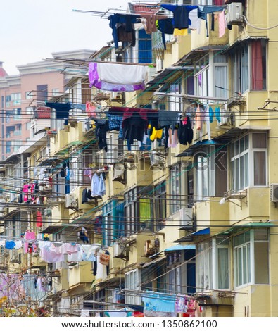 Shanghai living district. Clothes drying in typical Shanghai way. China