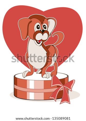 Cute puppy sitting on a round gift box on the background of the heart