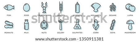 Food allergy icons. Basic allergens and diet line icons vector set. Isolated on white background  Royalty-Free Stock Photo #1350911381