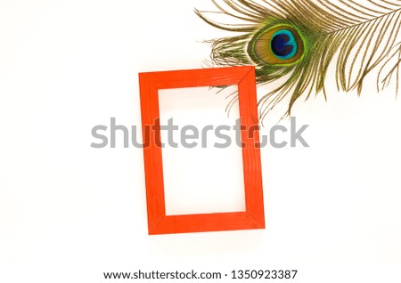 Red empty frame on white background with peacock feather