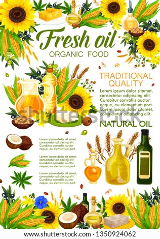 Natural cooking oils of sunflower, olive or vegetable plants and nuts. Vector extra virgin corn and coconut or linenseed oil bottle for salad dressing and food cooking ingredients