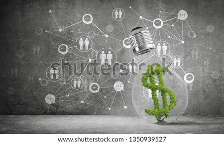 Lightbulb with green dollar symbol inside placed against sketched social network system on grey wall. 3D rendering.