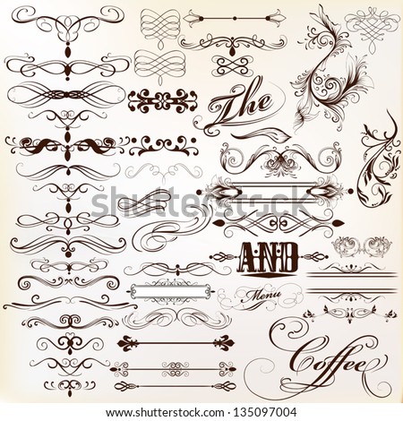 Vector set of calligraphic elements for design. Calligraphic vector