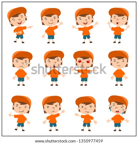 Set of funny boy in cartoon style in different poses and emotions isolated on white background.
