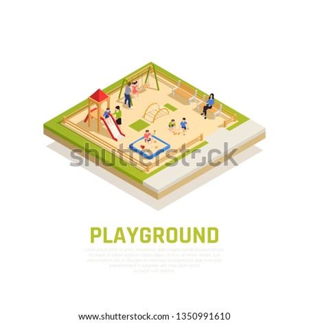 Family playing isometric concept with playground with kids symbols vector illustration
