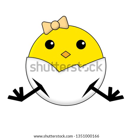 graphic image of a yellow chicken in an egg-shell, a girl with a bow