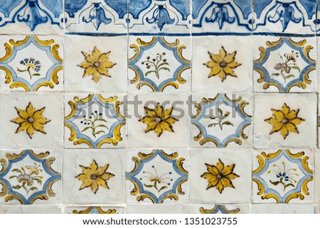 Detail of the traditional tiles from facade of old house. Decorative tiles. Floral ornament. Selective focus