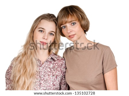 portrait of happy daughter and mother on white