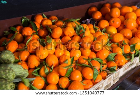 Picture of fresh seasonal fruits on counter in  food market, no people